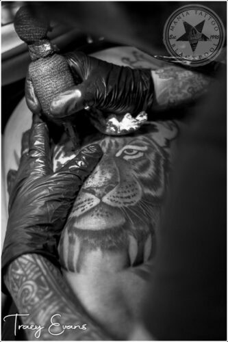 Realistic tiger tattoo done at Mania Tattoo Blackpool