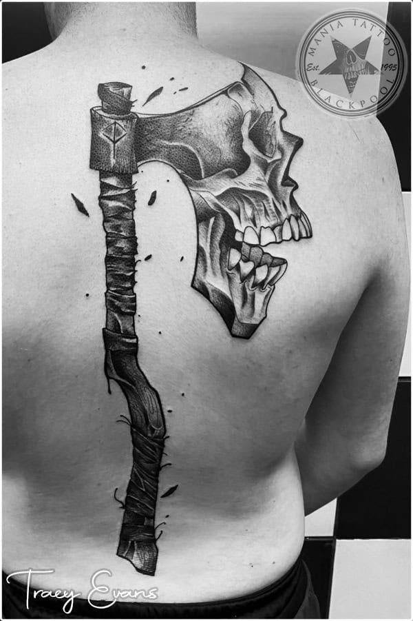 Large back piece tattoo done at Mania Tattoo Blackpool